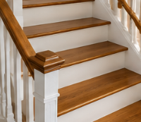 Illustrative after view of repaired and refinished stair treads, risers and railing