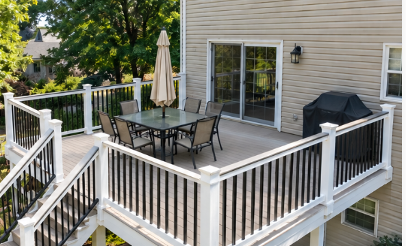 Illustrative after view of the elevated deck with light decking, white posts, dark balusters and stairs