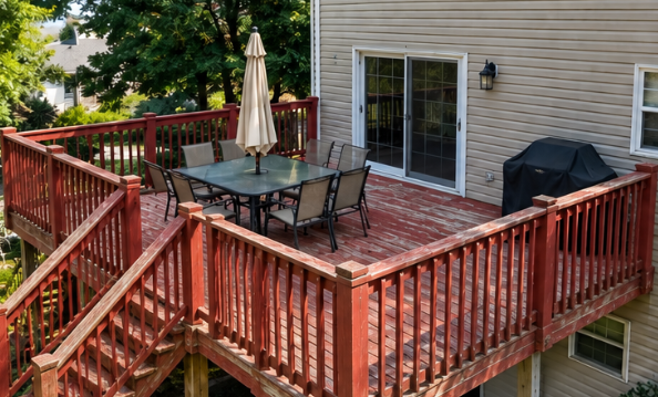Illustrative before view of an elevated weathered red deck with stairs