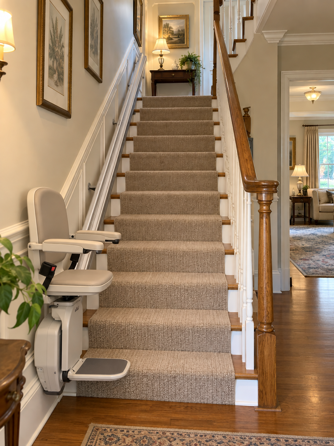 Illustrative after view of the same staircase with a stairlift installed