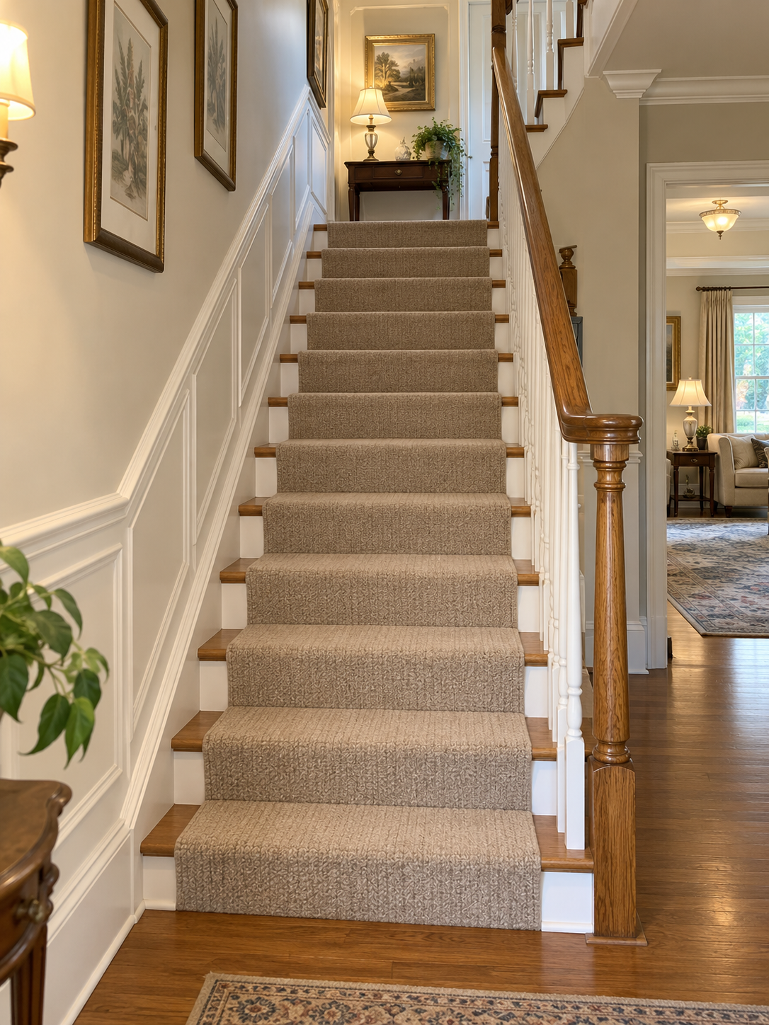 Illustrative before view of an indoor staircase without a stairlift