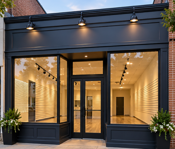 Illustrative after view of the commercial storefront with a dark facade, new windows and lighting