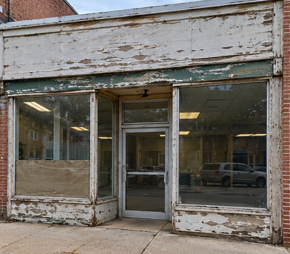 Illustrative before view of a weathered commercial storefront with peeling paint