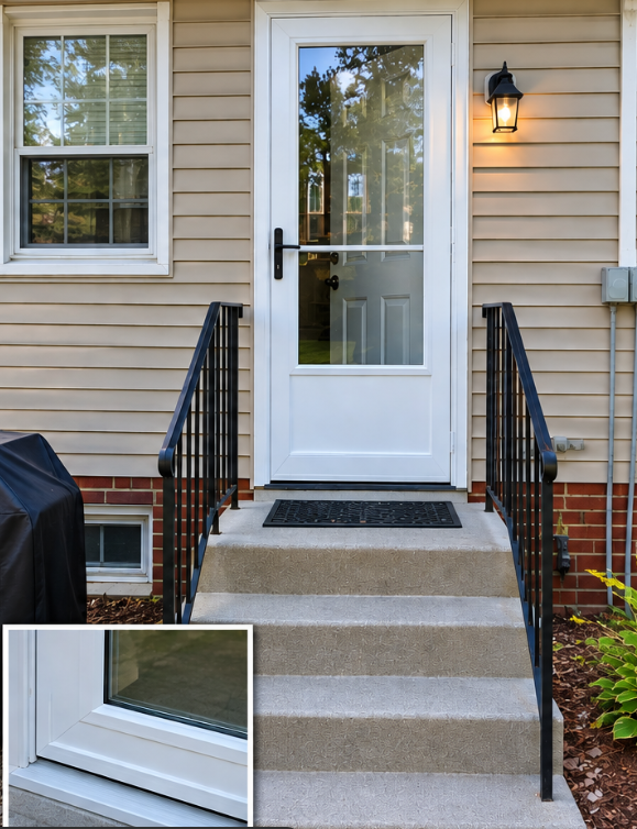 Illustrative after view of a new white glass storm door