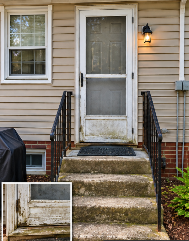 Illustrative before view of a worn white storm door with peeling finish